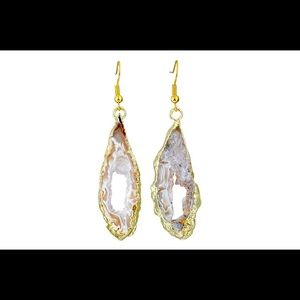 White Dusty Crystal Geode Earrings Gold Hooks